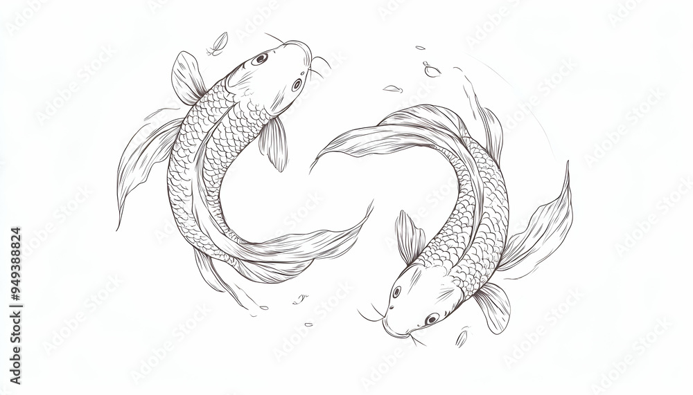 Fototapeta premium Line art illustration of two koi fish swimming in a circle.