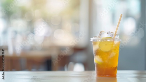 07231249 111. Banner with ample copy space, featuring a plastic cup of iced lemon tea with a brown plastic straw, set against a softly blurred white cafe background, with a blank white label on the