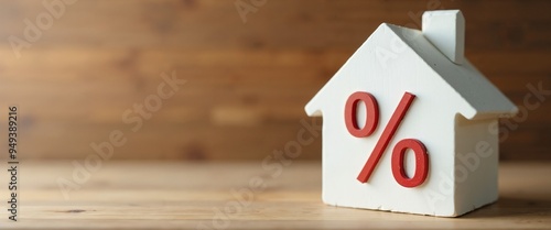 White House Model with Red Percentage Sign Representing Mortgage Rates against Wooden Background with Copy Space