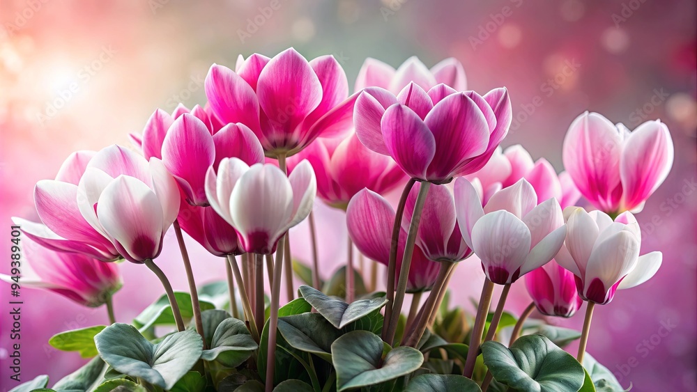 Fototapeta premium Delicate cyclamen flowers in shades of pink and white , Cyclamen, flowers, pink, white, delicate, petals, blooming, plant
