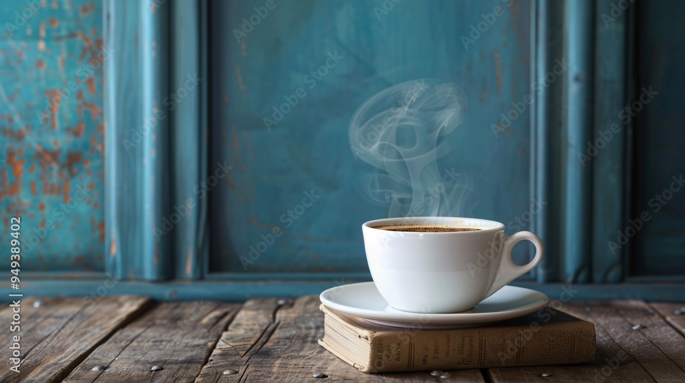 07231249 128. Close-up of a white coffee cup with steaming dark coffee, positioned on a stack of antique books on a rustic wooden table, with a soft blue wall background, creating a warm and inviting 07231249 128. Close-up of a white coffee cup with steaming dark coffee, positioned on a stack of antique books on a rustic wooden table, with a soft blue wall background, creating a warm and inviting