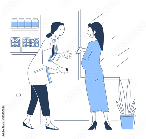 Pregnant woman with doctor concept. Expecting mother with gynecologist. Healthcare and medicine, diagnosis and treatment. Baby care. Linear flat vector illustration isolated on white background