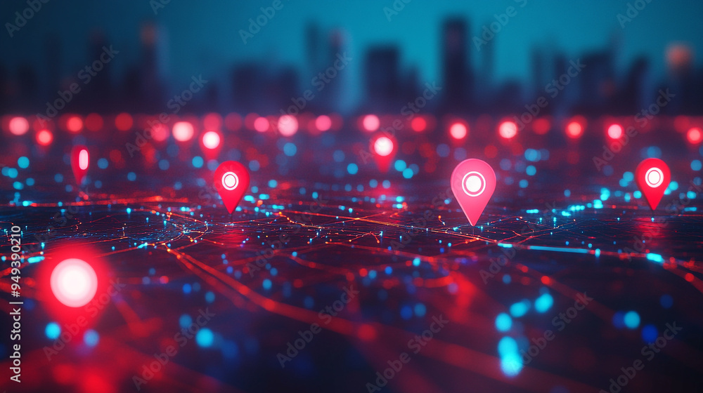 glowing red location gps icon markers advanced urban mapping interactive map for route planning virtual journey with geofencing technology visuals glowing red location gps icon markers advanced urban mapping interactive map for route planning virtual journey with geofencing technology visuals