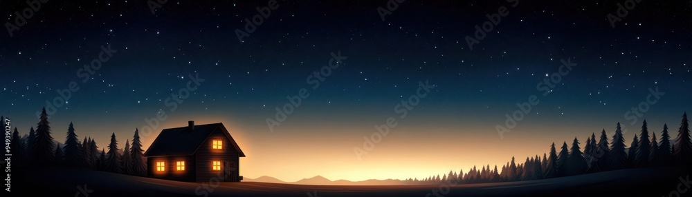A serene night scene featuring a cozy house with warm lights against a starry sky and silhouette of trees. A serene night scene featuring a cozy house with warm lights against a starry sky and silhouette of trees.