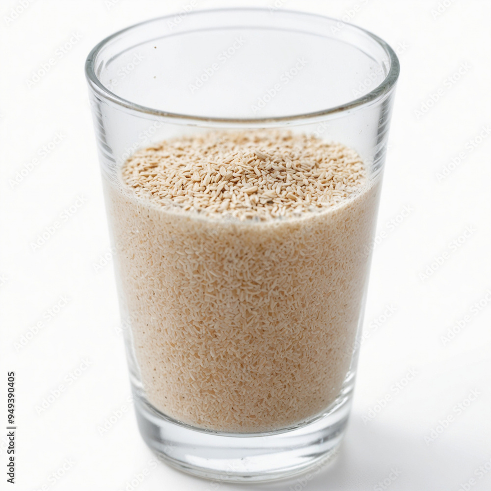 A glass of psyllium husk dietary fiber supplement, isolated on white background A glass of psyllium husk dietary fiber supplement, isolated on white background