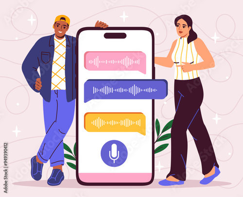 Voice message at smartphone. Man and woman with online communication on social networks. Audio files in messengers and social media. Voice assistant. Flat vector illustration