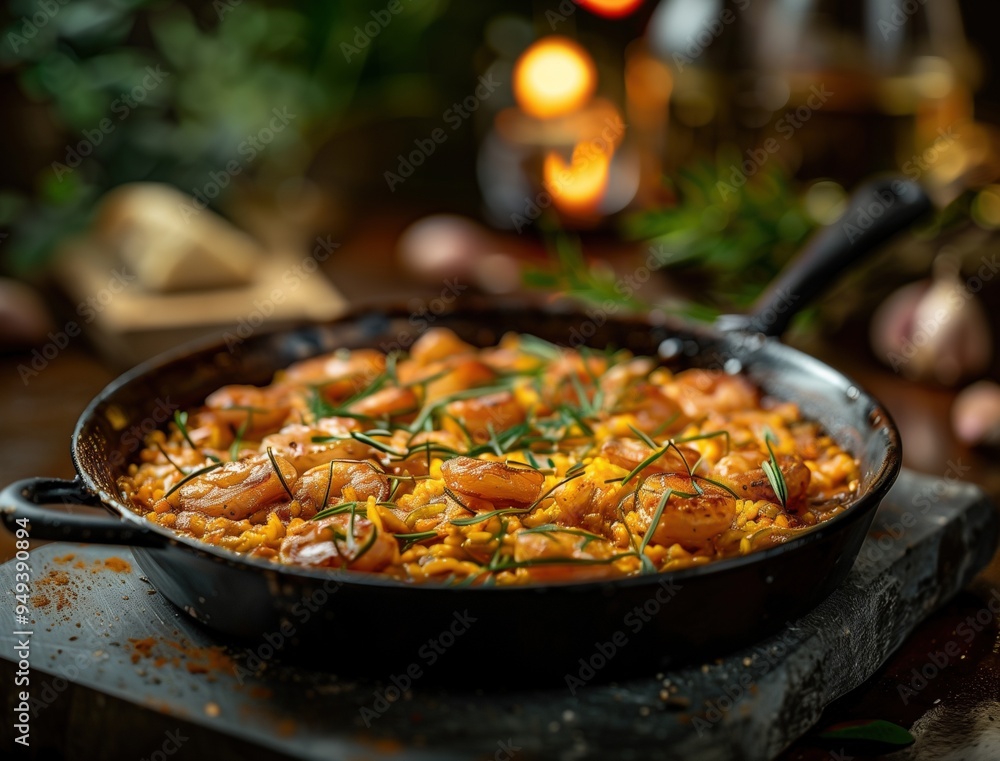 Close Up of Traditional Mediterranean Paella in a Rustic Setting Close Up of Traditional Mediterranean Paella in a Rustic Setting