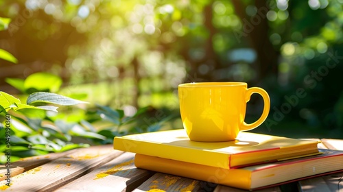 07231249 143. Close-up of a yellow cup with a pile of books on a wooden table in an outdoor setting, emphasizing the bright colors and peaceful ambiance of the scene