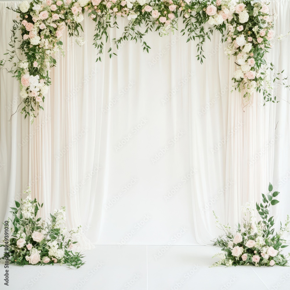 White Drape Backdrop with Pink and White Flower Arch for Wedding or Event White Drape Backdrop with Pink and White Flower Arch for Wedding or Event