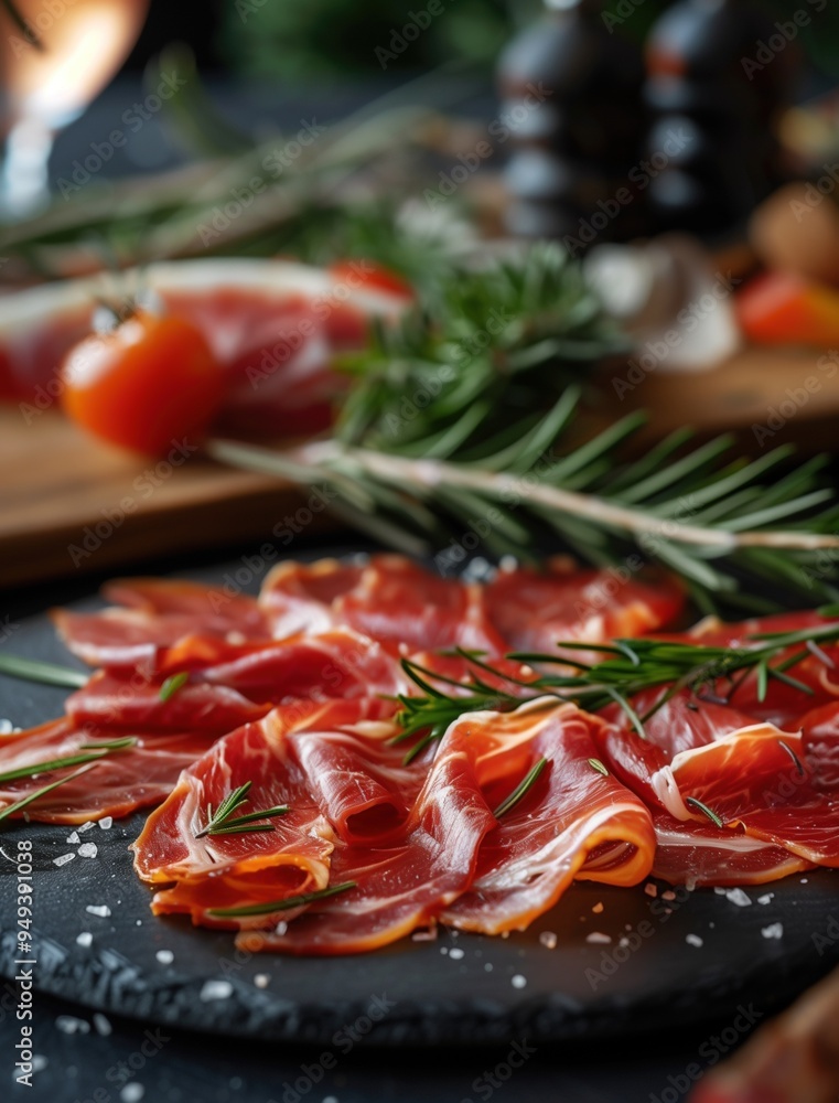 Dark moody shot of Jamon Iberico with rosemary and black slate background Dark moody shot of Jamon Iberico with rosemary and black slate background