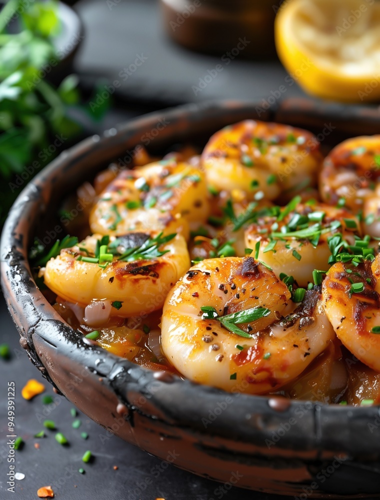 Side view of Spanish Pulpo a la Gallega with lemon and herbs on a rustic dark background Side view of Spanish Pulpo a la Gallega with lemon and herbs on a rustic dark background