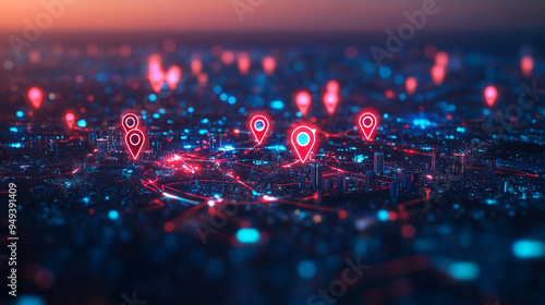 glowing red location gps icon markers advanced urban mapping interactive map for route planning virtual journey  with geofencing technology visuals photo