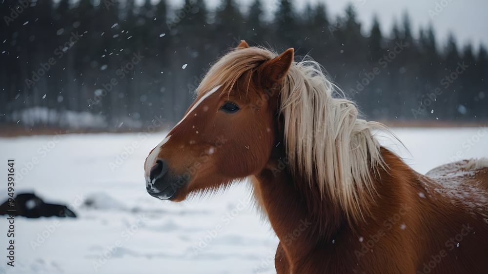Obraz premium Icelandic Horses in Love, Happy Couple in Winter Snow, Christmas and New Year