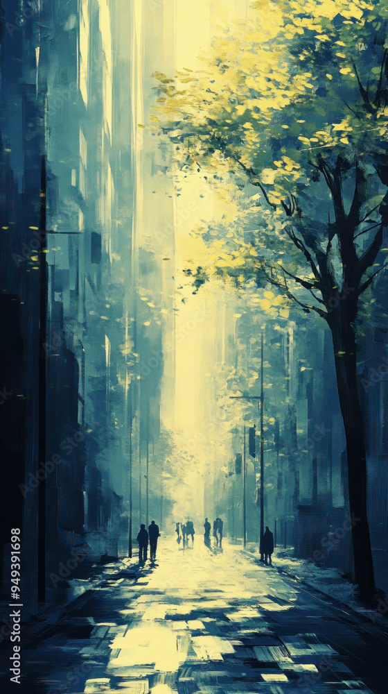 A painting of a city street with a tree in the middle. The painting has a mood of serenity and calmness A painting of a city street with a tree in the middle. The painting has a mood of serenity and calmness