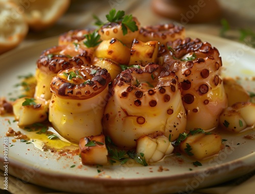 Traditional Pulpo a la Gallega with Garnished Olive Oil and Rustic Presentation