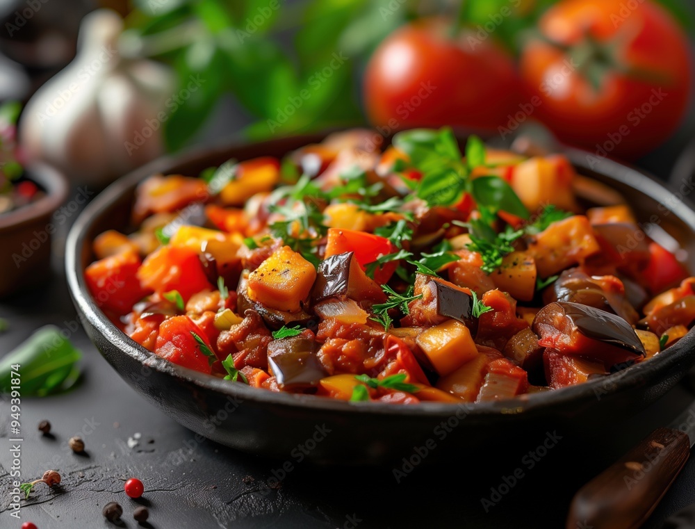 Rustic Spanish pisto with fresh vegetables, close up food photography Rustic Spanish pisto with fresh vegetables, close up food photography