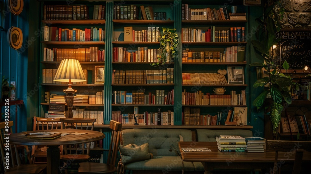 07231249 185. Eclectic collection of books on a wooden bookcase, highlighted by ambient lamp lighting, set against the charming backdrop of a cozy cafe 07231249 185. Eclectic collection of books on a wooden bookcase, highlighted by ambient lamp lighting, set against the charming backdrop of a cozy cafe