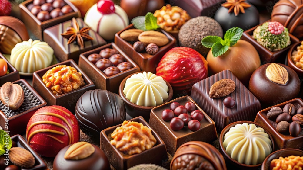 Close up of assorted chocolates with nuts and fruit , indulgence, treats, cocoa, sweets, confectionery, assortment, nuts Close up of assorted chocolates with nuts and fruit , indulgence, treats, cocoa, sweets, confectionery, assortment, nuts