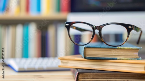 07231249 190. Detailed shot of glasses placed on a stack of books, with a desktop computer in the background on a clean and orderly desk, suggesting a studious and efficient workspace