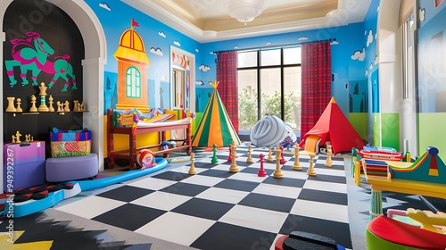 Vibrant colorful childrens playroom with a giant chess board on the floor and chessthemed toys and decor The room is designed to be fun and educational encouraging kids to learn and play chess