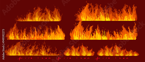 Fire borders,fire flames, blaze icon, symbol, sign on dark background vector illustration. Hot light effect elements design.