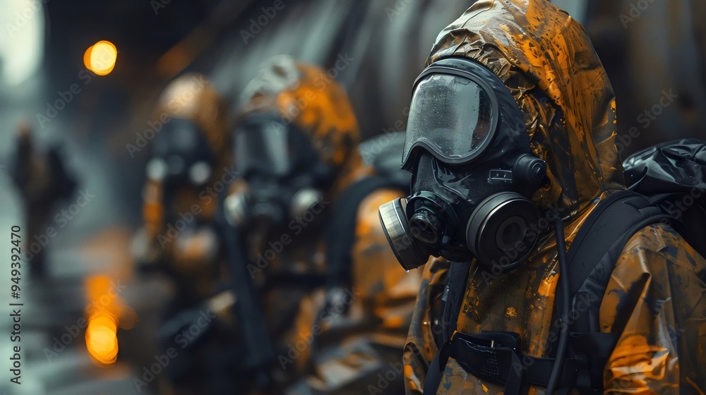 A masked soldier, armed with a gun, stands behind a camera, capturing the chaos of war A masked soldier, armed with a gun, stands behind a camera, capturing the chaos of war