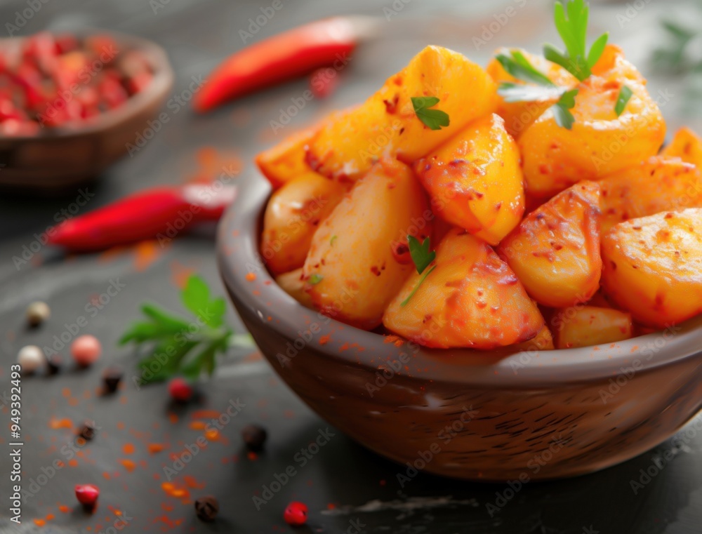 Close up of Patatas Bravas with Spicy Sauce, Traditional Spanish Tapas Dish Close up of Patatas Bravas with Spicy Sauce, Traditional Spanish Tapas Dish