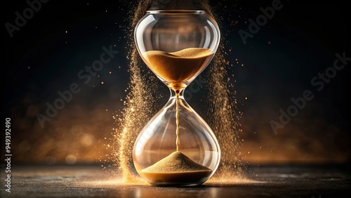 Sand dripping through hourglass on dark background with copy space, sand, hourglass, countdown, deadline photo