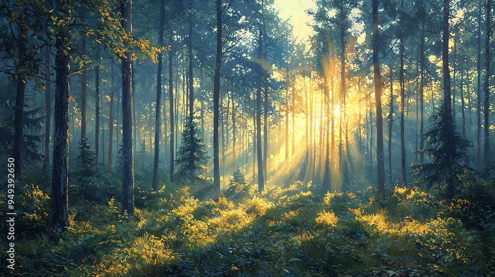 Naklejka premium Sun rays shine through the trees in a dense forest.