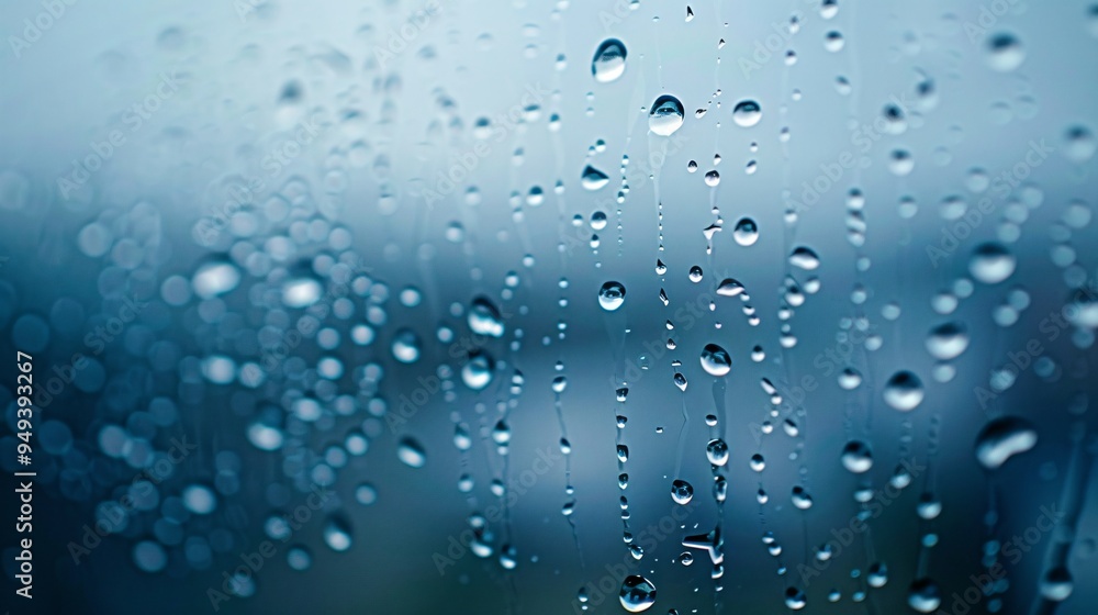 07231249 229. Detailed view of raindrops on a window glass, with the background softly blurred to emphasize the delicate patterns and fresh feeling after the rain 07231249 229. Detailed view of raindrops on a window glass, with the background softly blurred to emphasize the delicate patterns and fresh feeling after the rain
