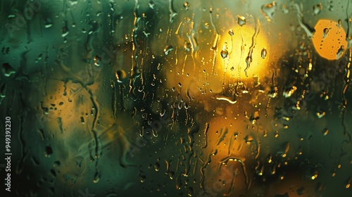 07231249 228. Artistic shot of raindrops on a window glass, with reflections and refracted light creating a serene and contemplative mood