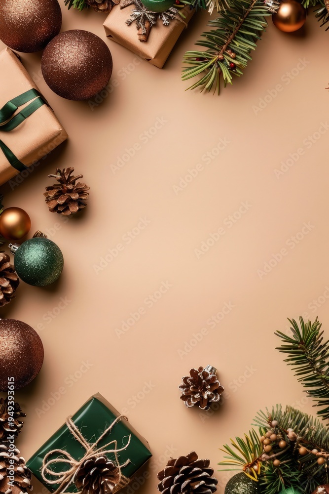 Rustic Christmas scene with brown balls, green gifts, and natural decorations on a solid beige background with empty copy space. Rustic Christmas scene with brown balls, green gifts, and natural decorations on a solid beige background with empty copy space.