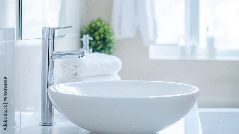 Modern Bathroom Sink with Chrome Faucet and White Towels Modern Bathroom Sink with Chrome Faucet and White Towels