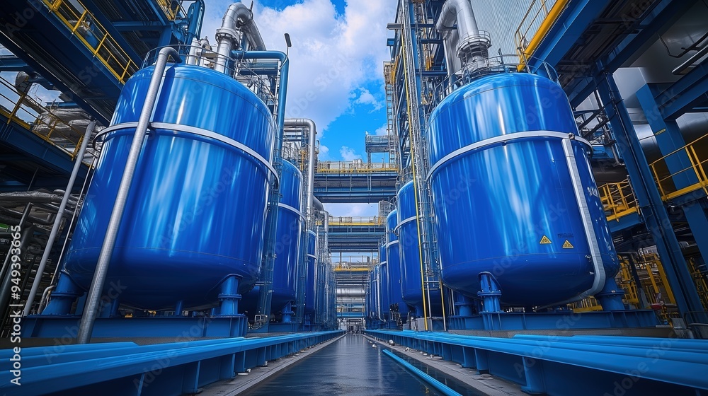 Symmetrical Blue Tanks in Processing Plant. Row of blue industrial tanks aligned symmetrically in a processing plant, showcasing storage capabilities and modern industrial design. Symmetrical Blue Tanks in Processing Plant. Row of blue industrial tanks aligned symmetrically in a processing plant, showcasing storage capabilities and modern industrial design.