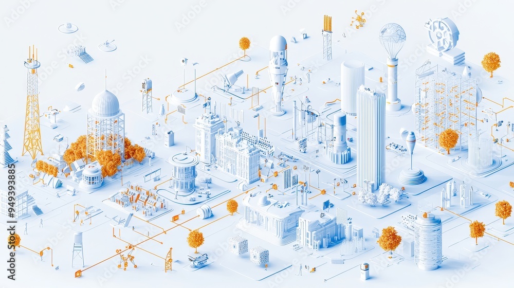 Abstract Cityscape with Buildings Trees and Interconnected Lines Abstract Cityscape with Buildings Trees and Interconnected Lines