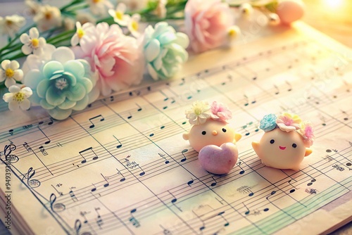 whimsical piano ballads harmonious melody cute musical scores serene gentle soft colorful pastel happy nostalgic retro vintage handwritten notated music theory joyous lively upbeat playful fun