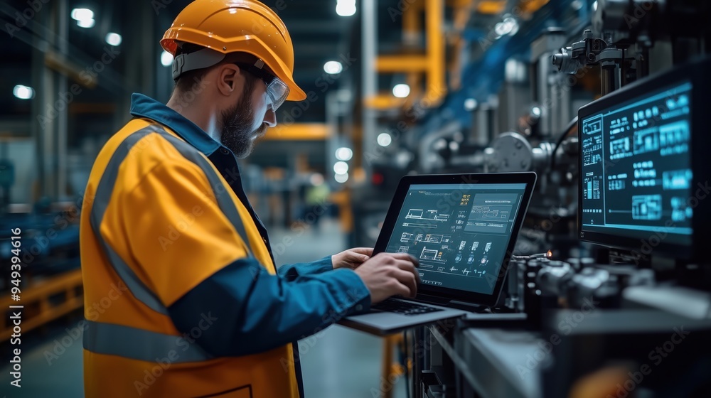 Engineer with Hard Hat Monitoring Factory Operations. Engineer wearing a hard hat and high-visibility vest using a laptop to monitor operations in a high-tech manufacturing plant. Engineer with Hard Hat Monitoring Factory Operations. Engineer wearing a hard hat and high-visibility vest using a laptop to monitor operations in a high-tech manufacturing plant.