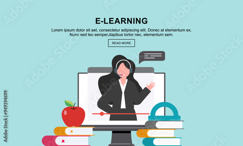 Flat education, distance tutor, mobile education, e-learning concept. Vector icon banners template