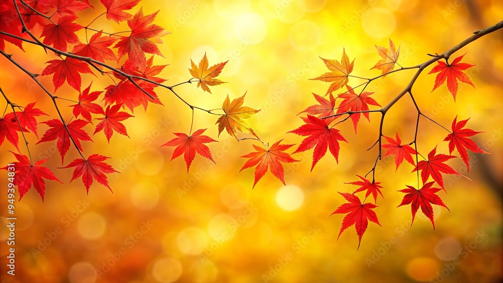 Bright red fall leaves on delicate branches against vibrant golden yellow background, fall, autumn, foliage, red leaves Bright red fall leaves on delicate branches against vibrant golden yellow background, fall, autumn, foliage, red leaves
