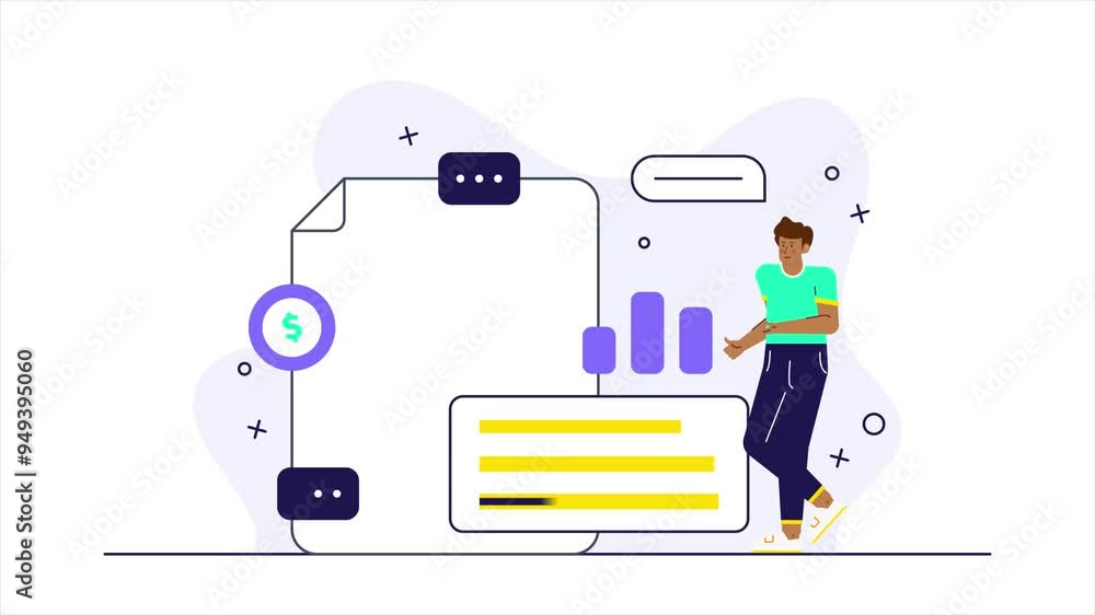 financial document report presentation with a young man character illustration business animated video financial document report presentation with a young man character illustration business animated video