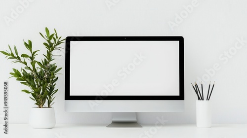 Modern White Desk with Computer Plant and Pencils