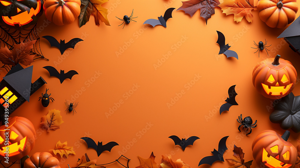 Halloween Flat Lay Background with Pumpkins, Bats, and Leaves on Orange Halloween Flat Lay Background with Pumpkins, Bats, and Leaves on Orange