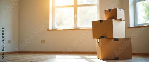 Cardboard boxes stacked neatly in empty sunlit room with copy space photo