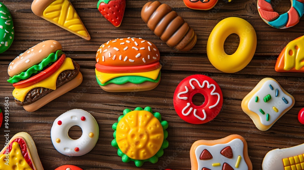 07231249 278. Artistic flat lay of assorted fast food eraser toys on a wooden background, with a focus on colorful details and the playful yet educational aspect of food and nutrition 07231249 278. Artistic flat lay of assorted fast food eraser toys on a wooden background, with a focus on colorful details and the playful yet educational aspect of food and nutrition