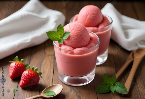 Ice cream in different favors. Chocolate, Vanilla, Cameral, strawberry, green tea, berry, cookie. ice cream ball, ice cream cone. Summer dessert.   photo