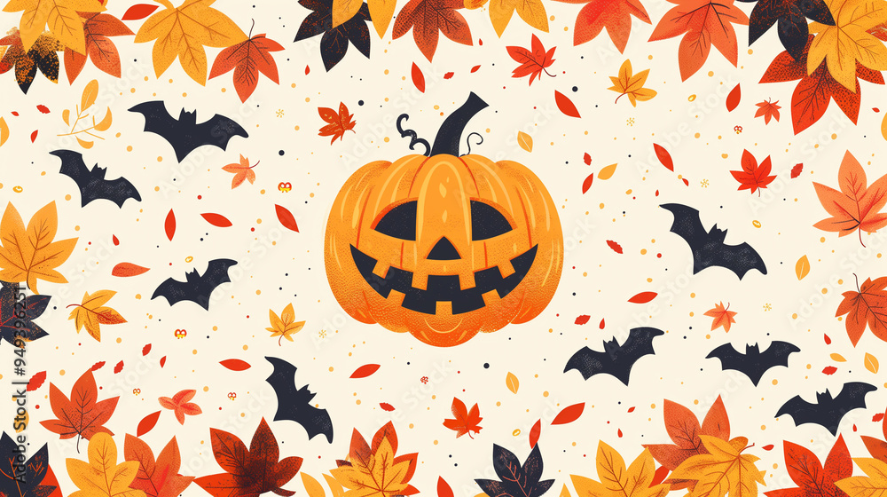 Seamless Halloween Pattern with Jack-o'-lantern, Bats, and Autumn Leaves Seamless Halloween Pattern with Jack-o'-lantern, Bats, and Autumn Leaves