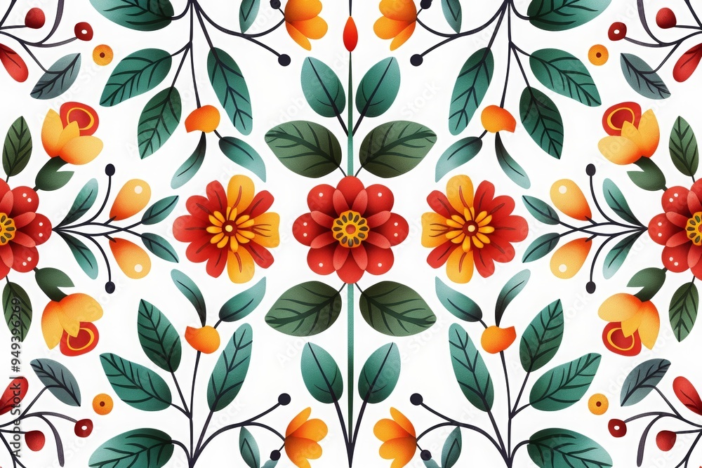 pattern featuring vibrant floral motifs and intricate geometric shapes, bright colors of red, green, and yellow, detailed textures, on a white background. pattern featuring vibrant floral motifs and intricate geometric shapes, bright colors of red, green, and yellow, detailed textures, on a white background.