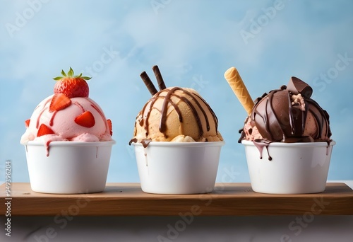 Ice cream in different favors. Chocolate, Vanilla, Cameral, strawberry, green tea, berry, cookie. ice cream ball, ice cream cone. Summer dessert.   photo