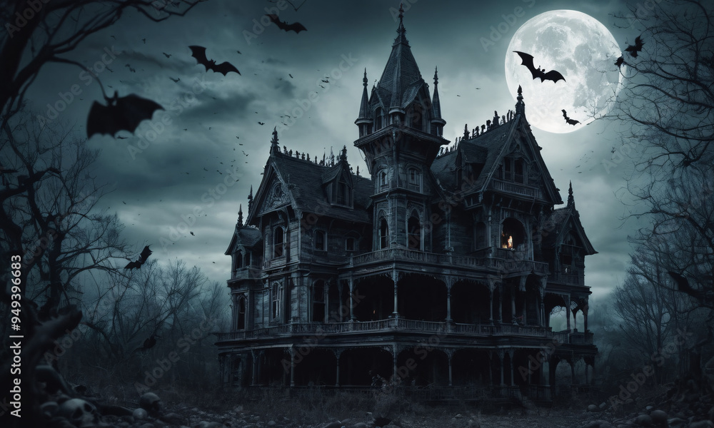 Obraz premium A haunted house with bats, spiders Halloween background 