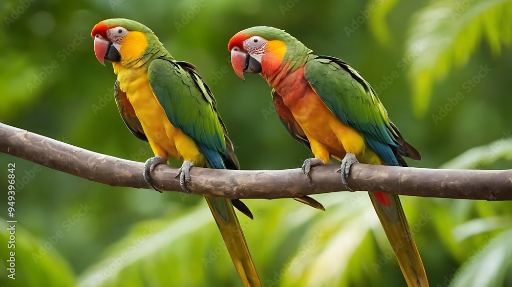 Obraz premium Wild Parrots Perched on a Tropical Branch in Bright Sunshine